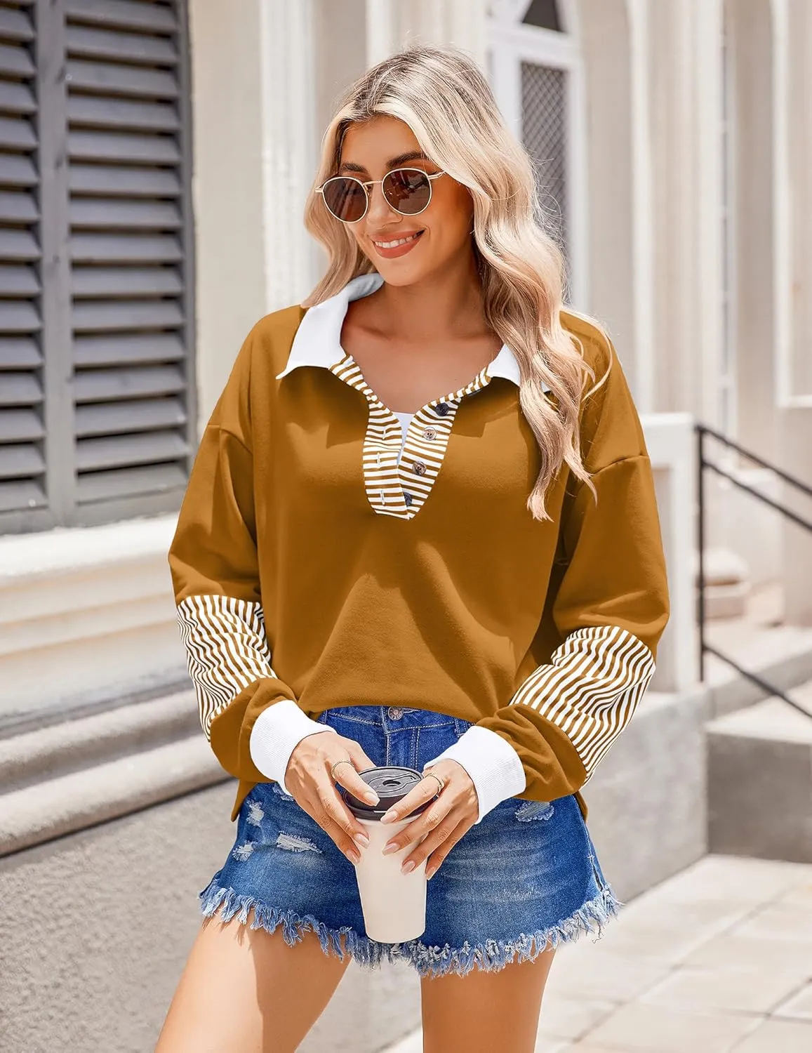 Zeagoo Women's Sweatshirt Striped Long Sleeve Henley Button Tunic Tops
