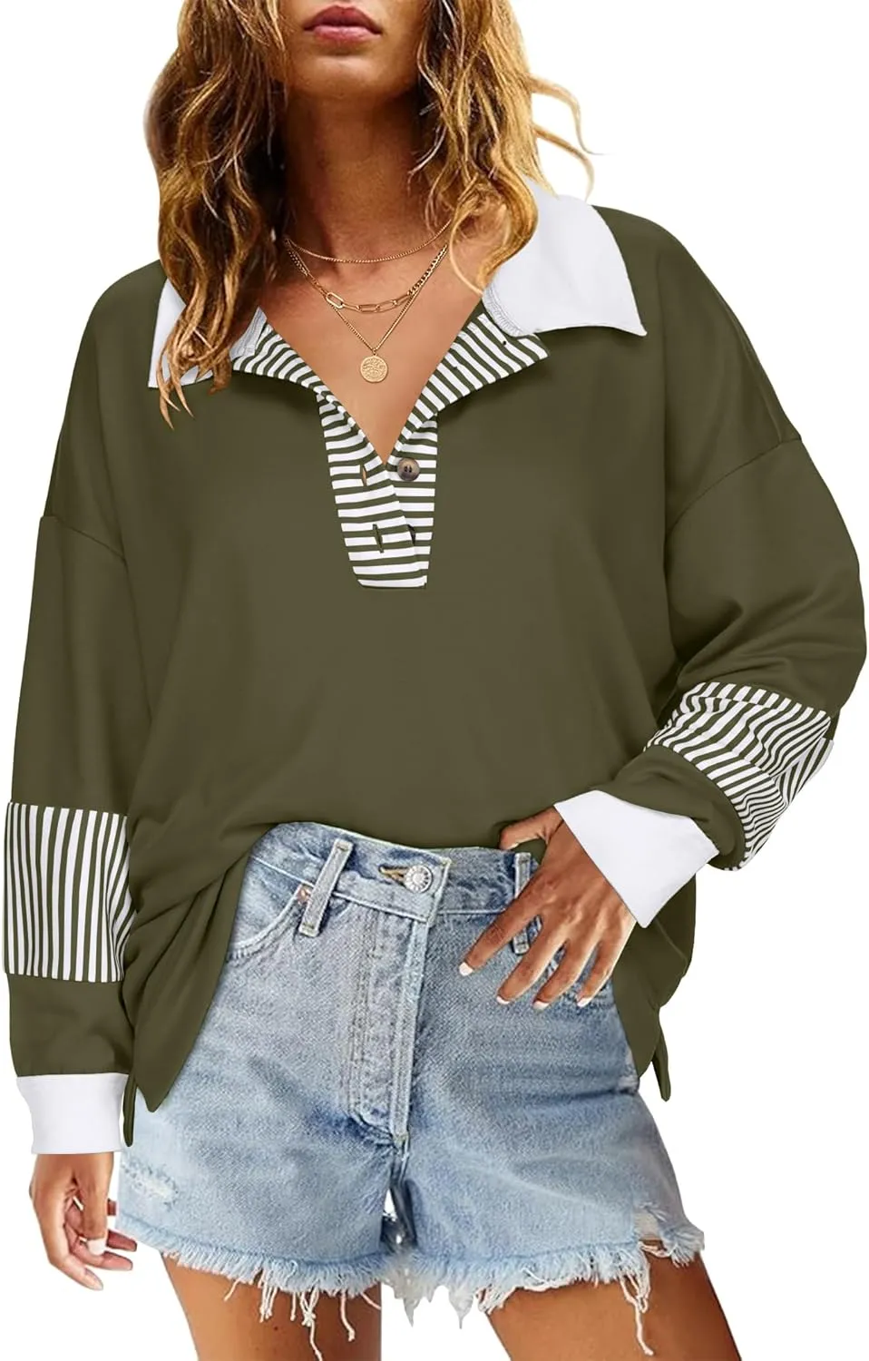 Zeagoo Women's Sweatshirt Striped Long Sleeve Henley Button Tunic Tops