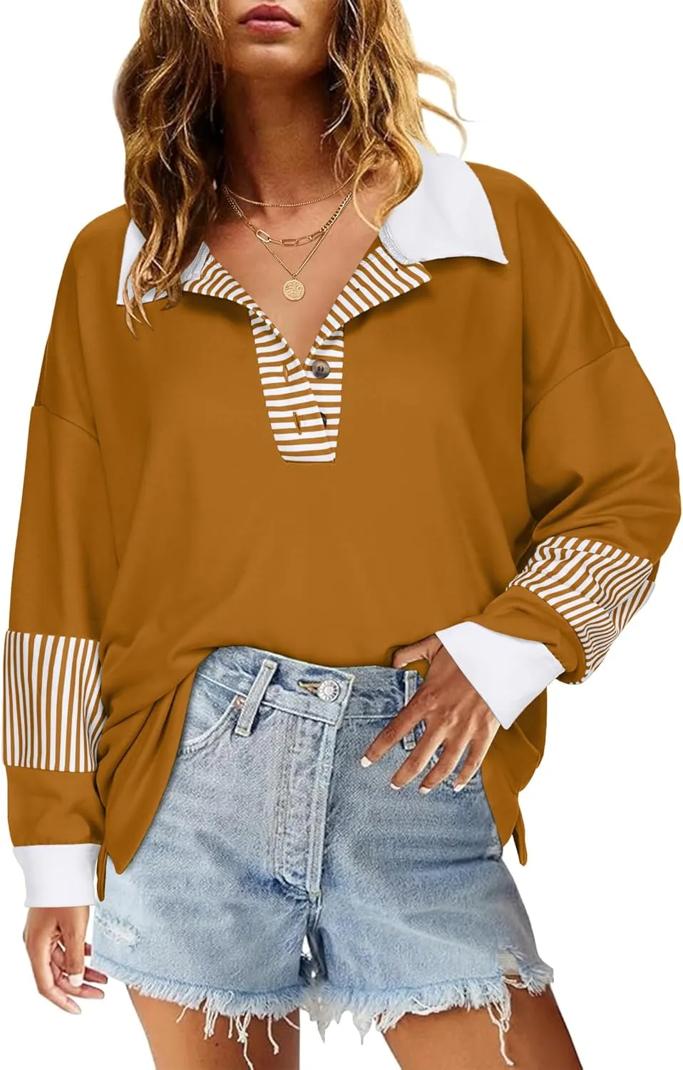 Zeagoo Women's Sweatshirt Striped Long Sleeve Henley Button Tunic Tops