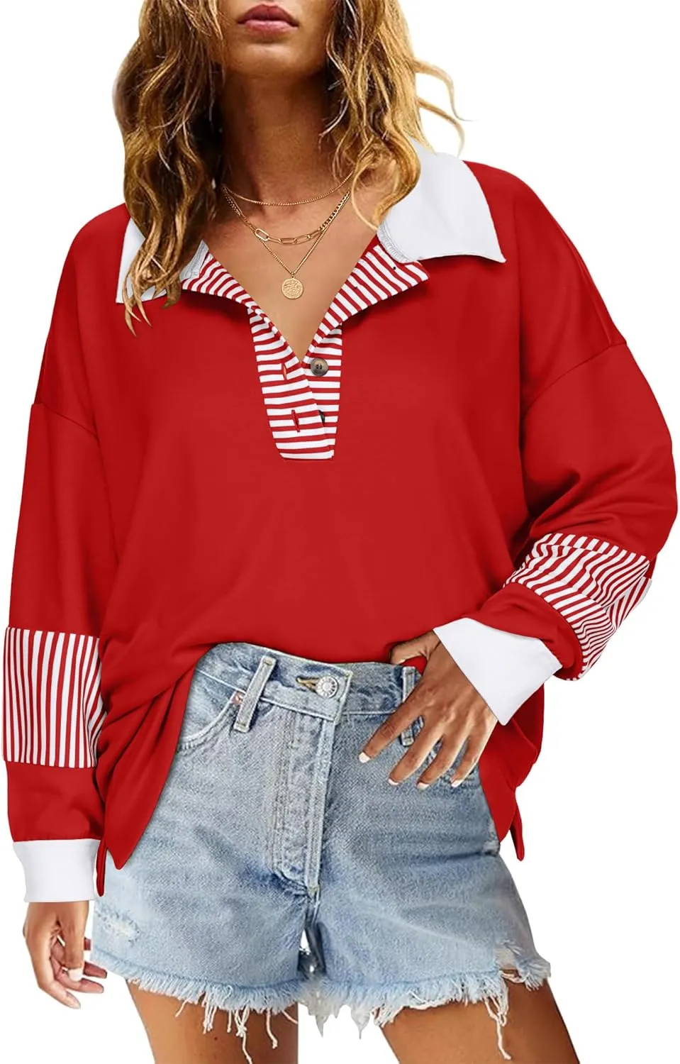 Zeagoo Women's Sweatshirt Striped Long Sleeve Henley Button Tunic Tops