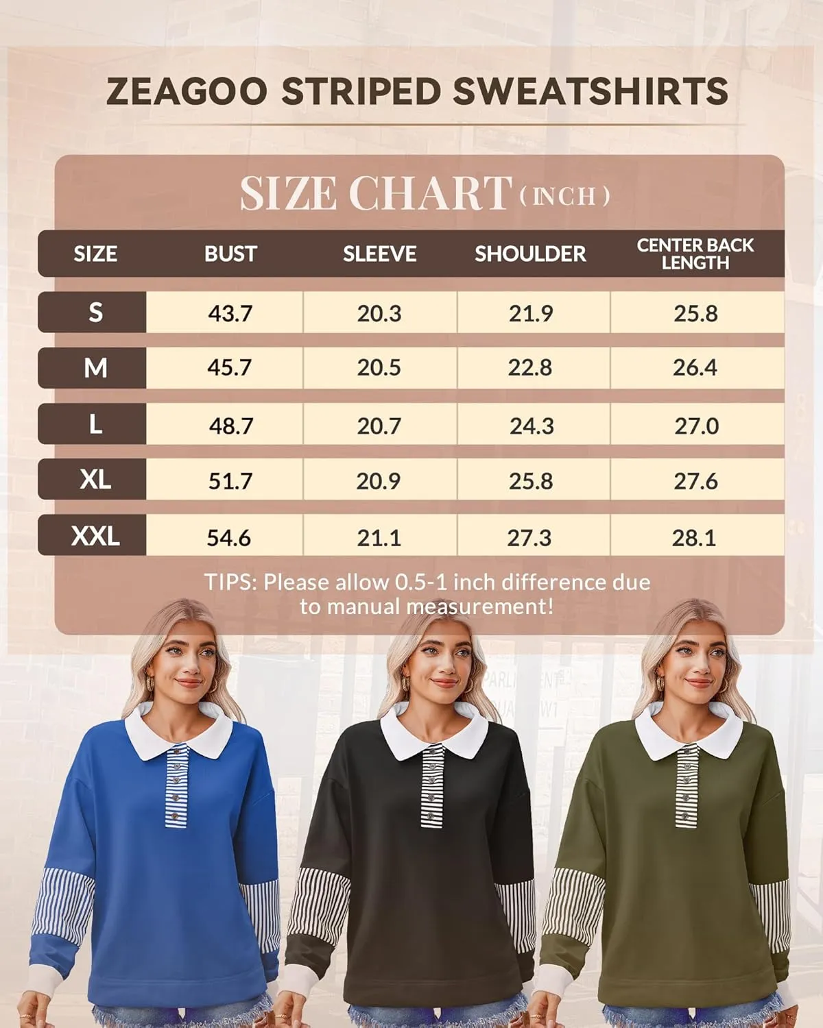 Zeagoo Women's Sweatshirt Striped Long Sleeve Henley Button Tunic Tops