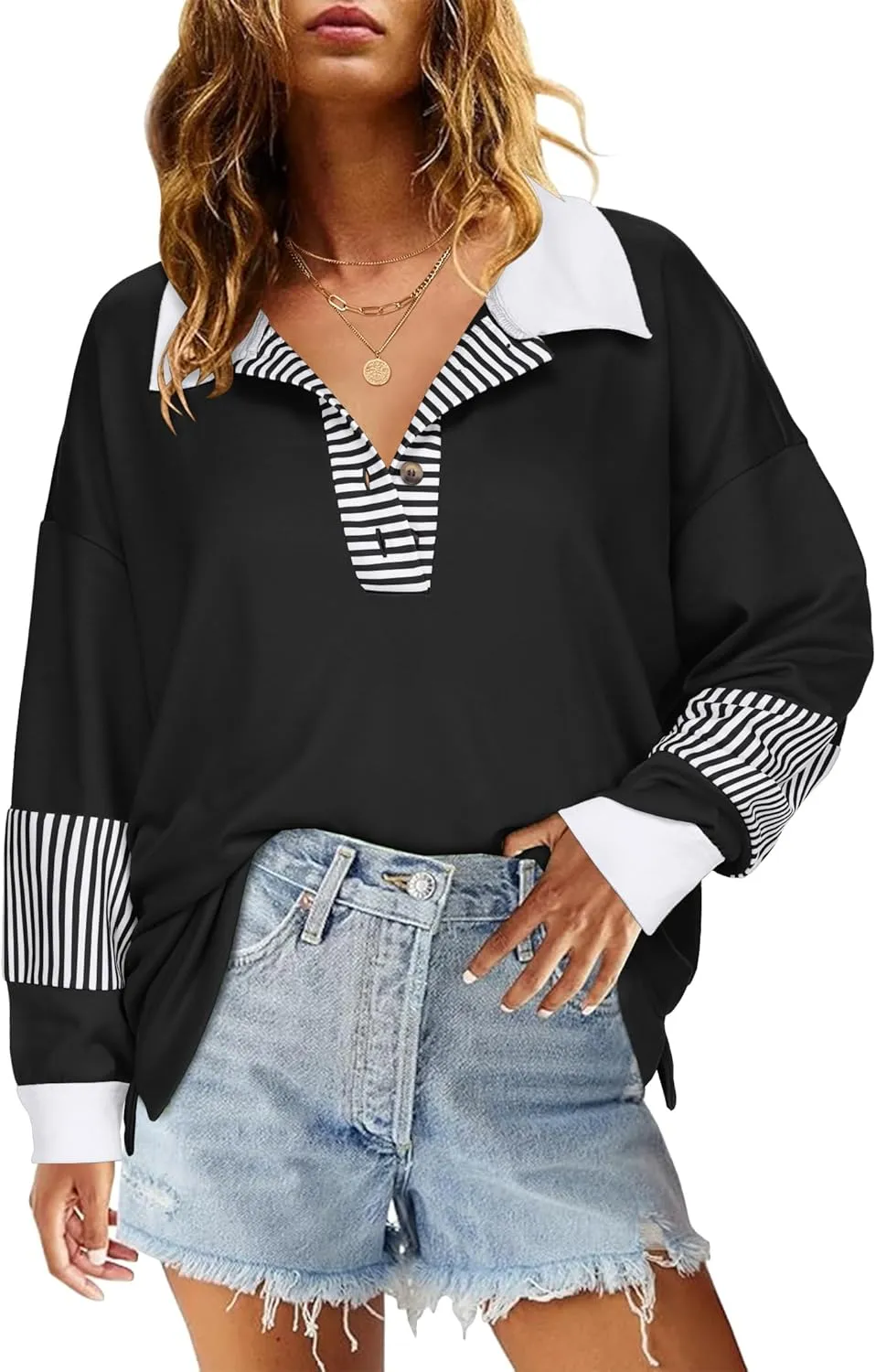 Zeagoo Women's Sweatshirt Striped Long Sleeve Henley Button Tunic Tops