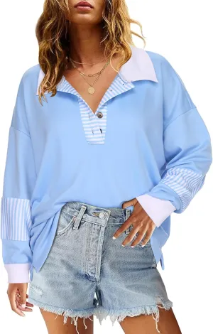 Zeagoo Women's Sweatshirt Striped Long Sleeve Henley Button Tunic Tops