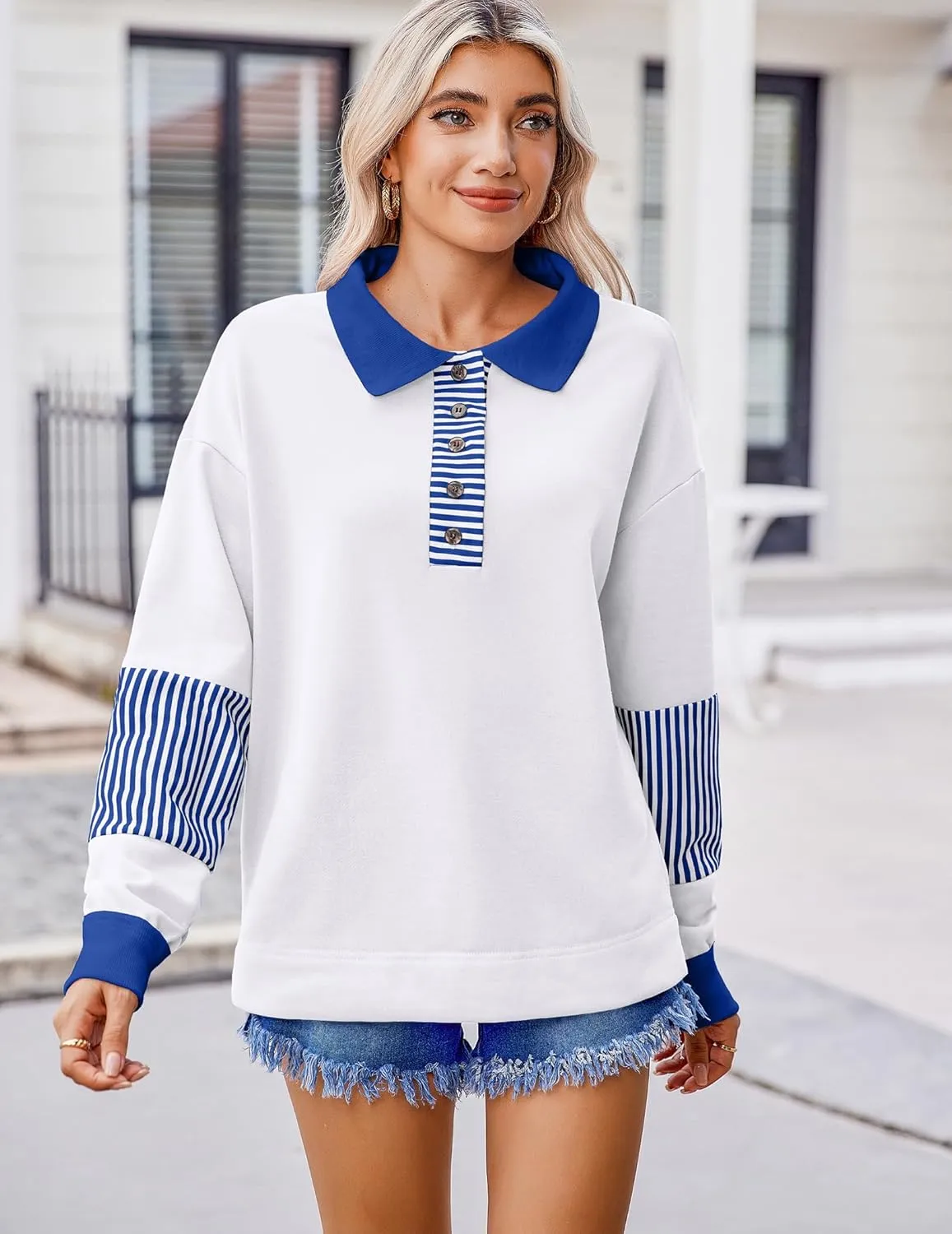 Zeagoo Women's Sweatshirt Striped Long Sleeve Henley Button Tunic Tops