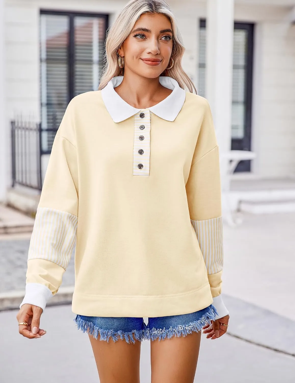 Zeagoo Women's Sweatshirt Striped Long Sleeve Henley Button Tunic Tops
