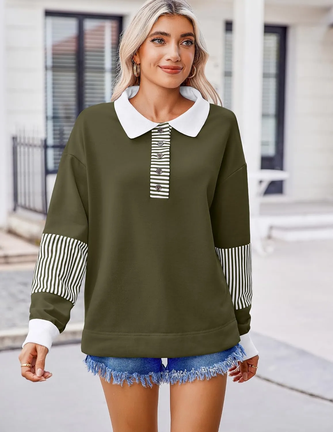 Zeagoo Women's Sweatshirt Striped Long Sleeve Henley Button Tunic Tops