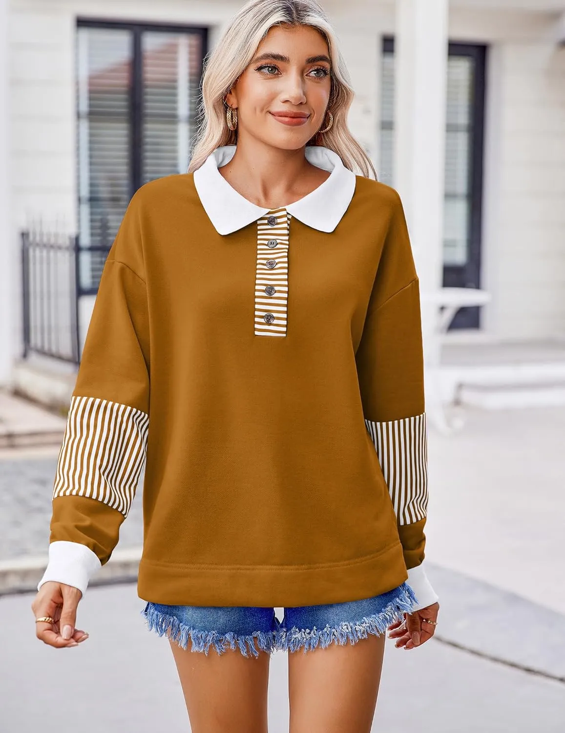 Zeagoo Women's Sweatshirt Striped Long Sleeve Henley Button Tunic Tops