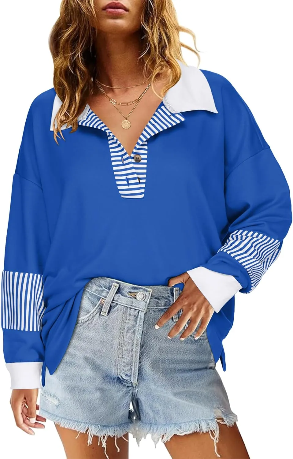 Zeagoo Women's Sweatshirt Striped Long Sleeve Henley Button Tunic Tops