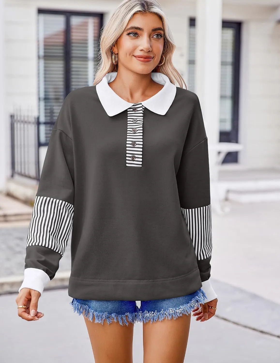 Zeagoo Women's Sweatshirt Striped Long Sleeve Henley Button Tunic Tops