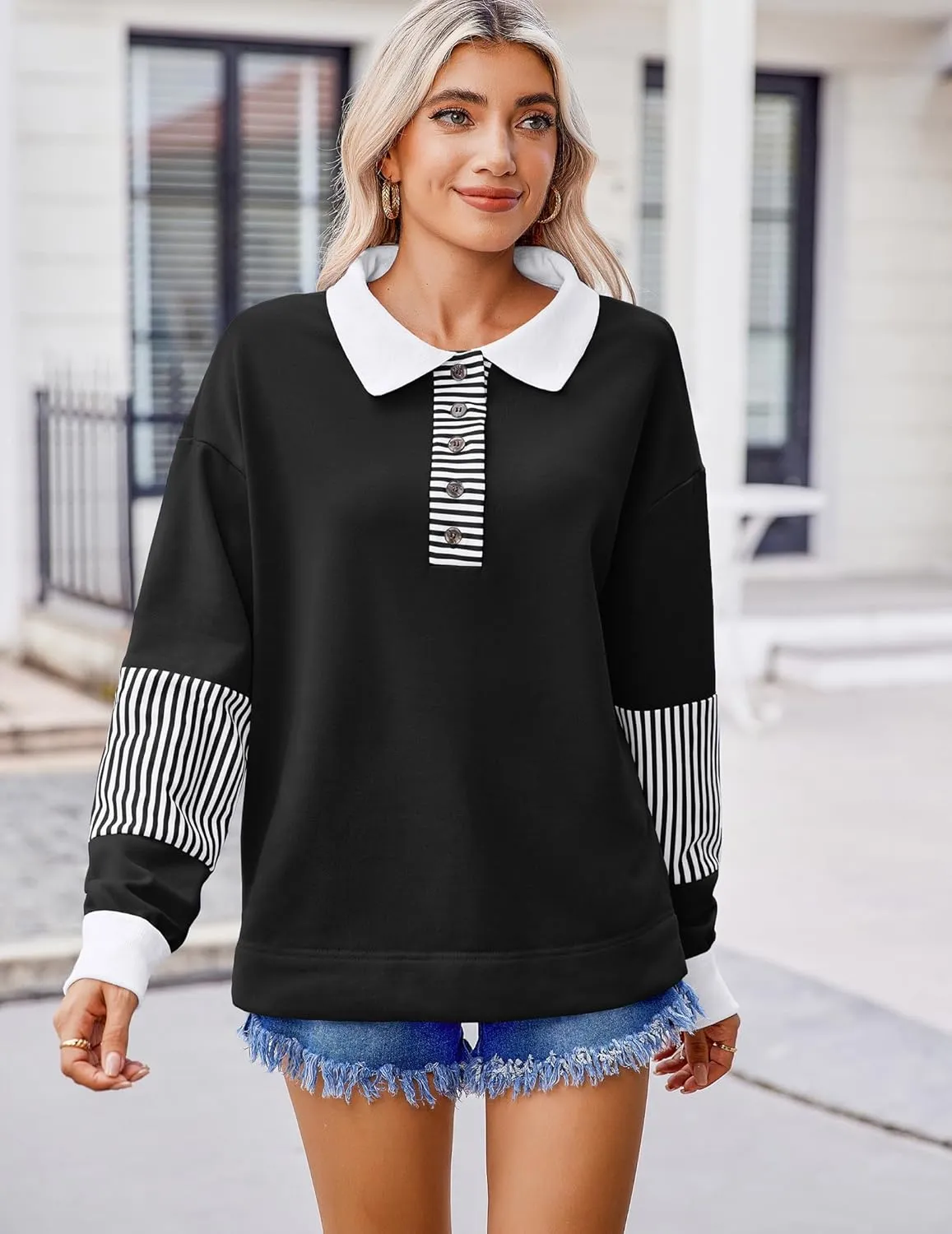 Zeagoo Women's Sweatshirt Striped Long Sleeve Henley Button Tunic Tops