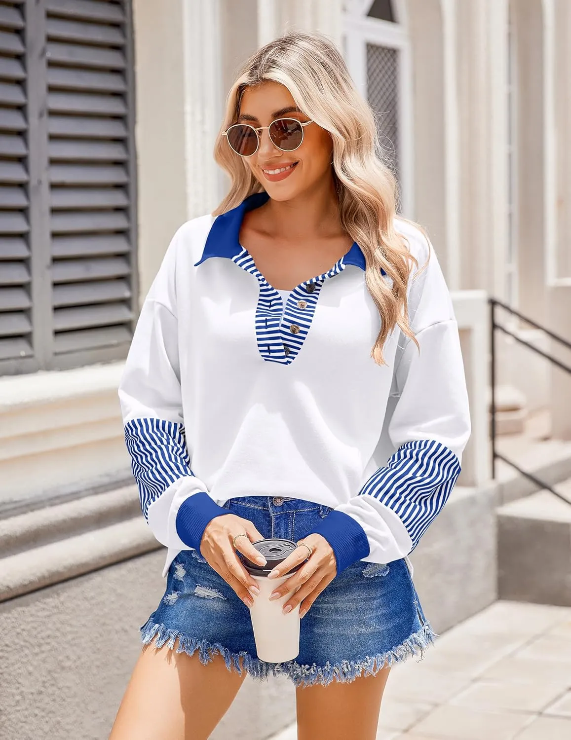 Zeagoo Women's Sweatshirt Striped Long Sleeve Henley Button Tunic Tops